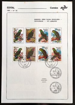 Edital 1980 22 Fauna Psitacideos Papagaio Lubrapex Ave Com 4 Selo CPD SP 2