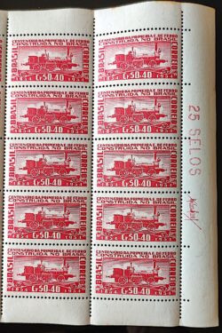 C 337 Selo Primeira Estrada de Ferro no Brasil Trem Locomotiva 1954 Com Vinheta Com 10 Selos