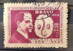 C 445 Selo Cinquentenario Descoberta Protozoario Schistosoma Mansoni Piraja da Silva Saude Ciencia 1959 Circulado 1