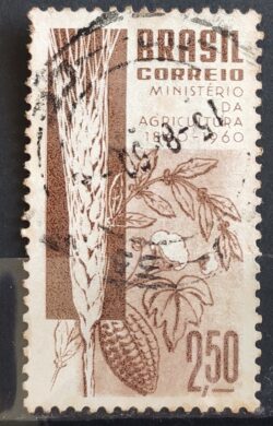 C 450 Selo Centenario Ministerio da Agricultura Trigo Algodao Cacau 1960 Circulado 3