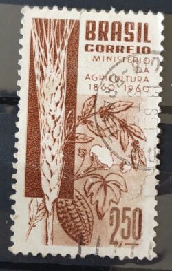 C 450 Selo Centenario Ministerio da Agricultura Trigo Algodao Cacau 1960 Circulado 7