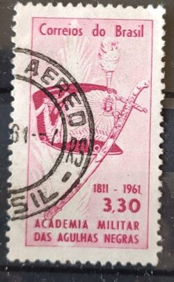 C 460 Selo Sesquicentenario da Academia Militar das Agulhas Negras Sabre Chapeu 1961 Circulado 4