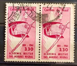 C 460 Selo Sesquicentenario da Academia Militar das Agulhas Negras Sabre Chapeu 1961 Dupla Circulado 1