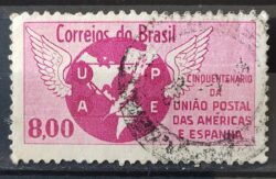 C 480 Selo Cinquentenario da Uniao Postal das Americas e Espanha Mapa Brasao Servico Postal 1962 Circulado 5