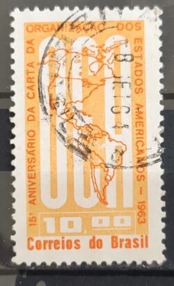 C 490 Selo Aniversario da Carta da OEA Mapa 1963 Circulado 6