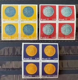 C 1002 Selo Moedas do Brasil Colonial Numismatica Vintem Pataca Dobrao 1977 Serie Completa Quadra