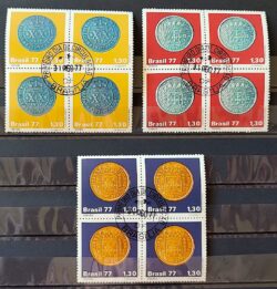 C 1002 Selo Moedas do Brasil Colonial Numismatica Vintem Pataca Dobrao 1977 Serie Completa Quadra CPD BSB