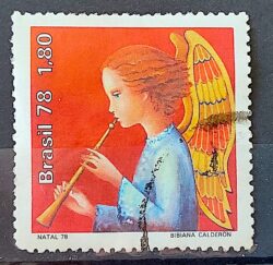 C 1073 Selo Natal Anjo Musica Instrumento Musical Flauta Musica 1978 Circulado 2