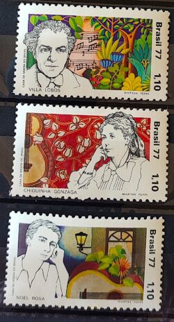 C 979 Selo Compositores Brasileiros Villa Lobos Chiquinha Gonzaga Noel Rosa Musica 1977 Serie Completa MH