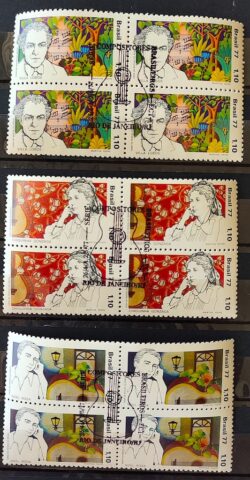 C 979 Selo Compositores Brasileiros Villa Lobos Chiquinha Gonzaga Noel Rosa Musica 1977 Serie Completa Quadra CBC RJ