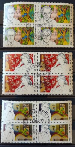 C 979 Selo Compositores Brasileiros Villa Lobos Chiquinha Gonzaga Noel Rosa Musica 1977 Serie Completa Quadra CPD BSB