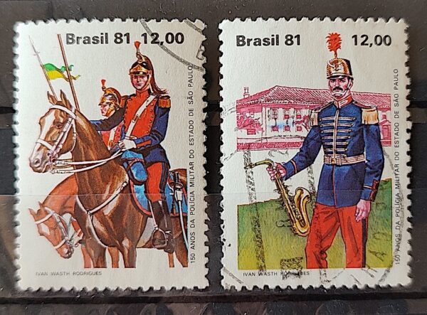 C 1239 Selo 150 Anos da Policia Militar Cavalo Musica Saxofone 1981 Serie Completa Circulado 4