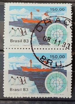 C 1309 Selo Primeira Expedicao Brasileira Antartica Navio Mapa 1983 Circulado Dupla 8