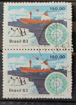 C 1309 Selo Primeira Expedicao Brasileira Antartica Navio Mapa 1983 Circulado Dupla 9