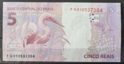 Cedula R$ 5 Reais Segunda Familia FG010537304 Guardia e Goldfajn FE