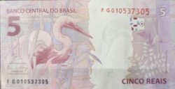 Cedula R$ 5 Reais Segunda Familia FG010537305 Guardia e Goldfajn FE