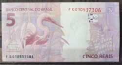 Cedula R$ 5 Reais Segunda Familia FG010537306 Guardia e Goldfajn FE