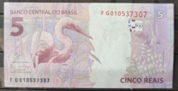 Cedula R$ 5 Reais Segunda Familia FG010537307 Guardia e Goldfajn FE