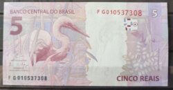 Cedula R$ 5 Reais Segunda Familia FG010537308 Guardia e Goldfajn FE