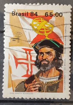 C 1387 Selo Descobrimento da America e do Brasil Historia Portugal Espanha Pedro Alvares Cabral 1984 Circulado 10