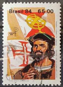 C 1387 Selo Descobrimento da America e do Brasil Historia Portugal Espanha Pedro Alvares Cabral 1984 Circulado 11