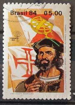C 1387 Selo Descobrimento da America e do Brasil Historia Portugal Espanha Pedro Alvares Cabral 1984 Circulado 12