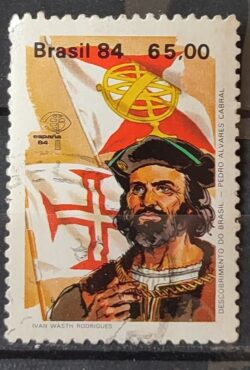C 1387 Selo Descobrimento da America e do Brasil Historia Portugal Espanha Pedro Alvares Cabral 1984 Circulado 2
