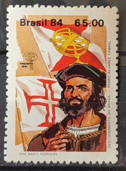 C 1387 Selo Descobrimento da America e do Brasil Historia Portugal Espanha Pedro Alvares Cabral 1984 Circulado 3
