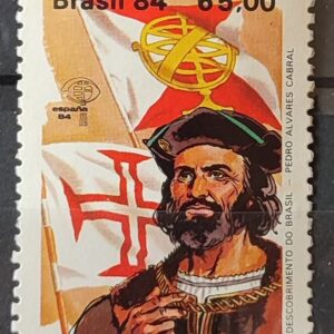 C 1387 Selo Descobrimento da America e do Brasil Historia Portugal Espanha Pedro Alvares Cabral 1984 Circulado 3