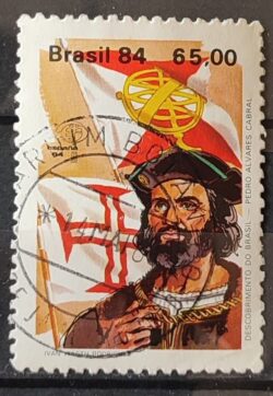 C 1387 Selo Descobrimento da America e do Brasil Historia Portugal Espanha Pedro Alvares Cabral 1984 Circulado 4