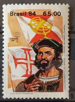 C 1387 Selo Descobrimento da America e do Brasil Historia Portugal Espanha Pedro Alvares Cabral 1984 Circulado 6
