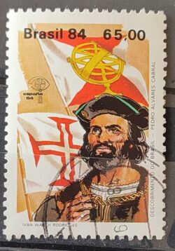 C 1387 Selo Descobrimento da America e do Brasil Historia Portugal Espanha Pedro Alvares Cabral 1984 Circulado 7