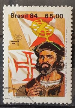 C 1387 Selo Descobrimento da America e do Brasil Historia Portugal Espanha Pedro Alvares Cabral 1984 Circulado 8
