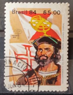 C 1387 Selo Descobrimento da America e do Brasil Historia Portugal Espanha Pedro Alvares Cabral 1984 Circulado 9