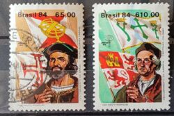 C 1387 Selo Descobrimento da America e do Brasil Historia Portugal Espanha Pedro Alvares Cabral Cristovao Colombo 1984 Serie Completa Circulado 1