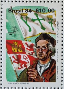 C 1388 Selo Descobrimento da America e do Brasil Historia Portugal Espanha Cristovao Colombo 1984