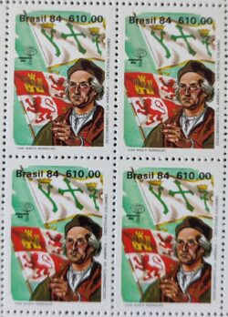 C 1388 Selo Descobrimento da America e do Brasil Historia Portugal Espanha Cristovao Colombo 1984 Quadra