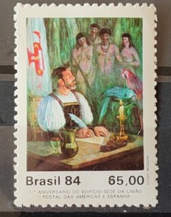 C 1398 Selo Aniversario Edificio da UPAEP Uruguai Pero Vaz de Caminha Arara Bandeira Indio 1984