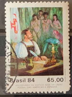 C 1398 Selo Aniversario Edificio da UPAEP Uruguai Pero Vaz de Caminha Arara Bandeira Indio 1984 Circulado 1