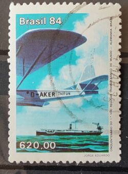 C 1400 Selo Cinquentenario Voo Transoceanico Alemanha Brasil Aviao Aviacao Navio Mapa 1984 Circulado 1