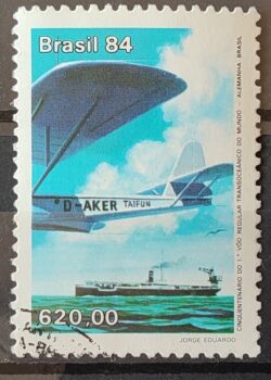 C 1400 Selo Cinquentenario Voo Transoceanico Alemanha Brasil Aviao Aviacao Navio Mapa 1984 Circulado 2