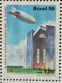 C 1541 Selo 50 Anos Aeroporto Bartolomeu de Gusmao Balao Hangar 1986