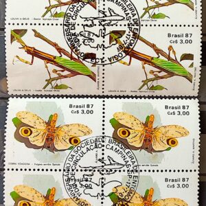 C 1554 Selo 50 Anos Sociedade Brasileira de Entomologia Inseto Louva a Deus Borboleta 1987 Quadra CBC Campinas Serie Completa