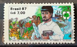 C 1575 Selo 400 Anos Tratado Descritivo Gabriel Soares de Sousa Indio Navio Peixe Onca 1988