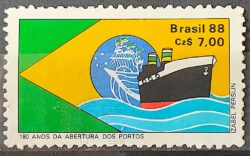 C 1577 Selo 180 Anos Abertura dos Portos Navio Bandeira 1988 2