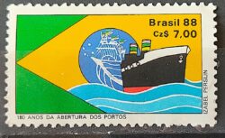 C 1577 Selo 180 Anos Abertura dos Portos Navio Bandeira 1988