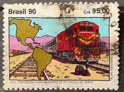 C 1696 Selo Congresso Panamericano de Estradas de Ferro Trem Mapa 1990 Circulado 2