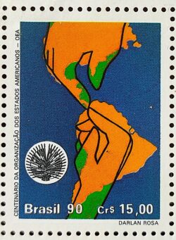 C 1715 Selo 100 Anos Organizacao dos Estados Americanos OEA Politica Economia Mao Mapa 1990