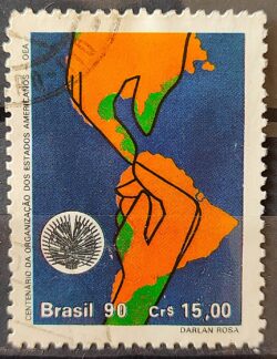 C 1715 Selo 100 Anos Organizacao dos Estados Americanos OEA Politica Economia Mao Mapa 1990 Circulado 1