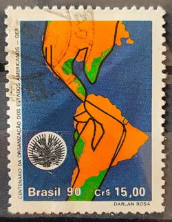 C 1715 Selo 100 Anos Organizacao dos Estados Americanos OEA Politica Economia Mao Mapa 1990 Circulado 2